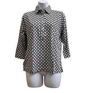 Leon Levin Black White Geometric Print Collared Polo Top Petite Small Casual